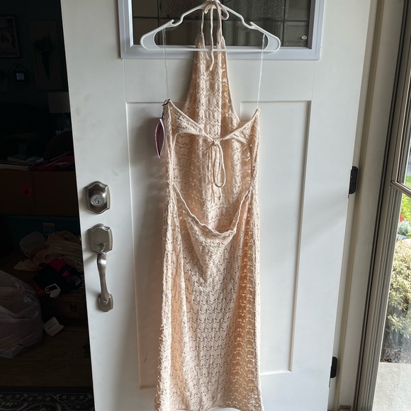 FUTURE COLLECTIVE Halter Tie Neck Open Knit Crochet Midi Dress - Picture 7 of 12